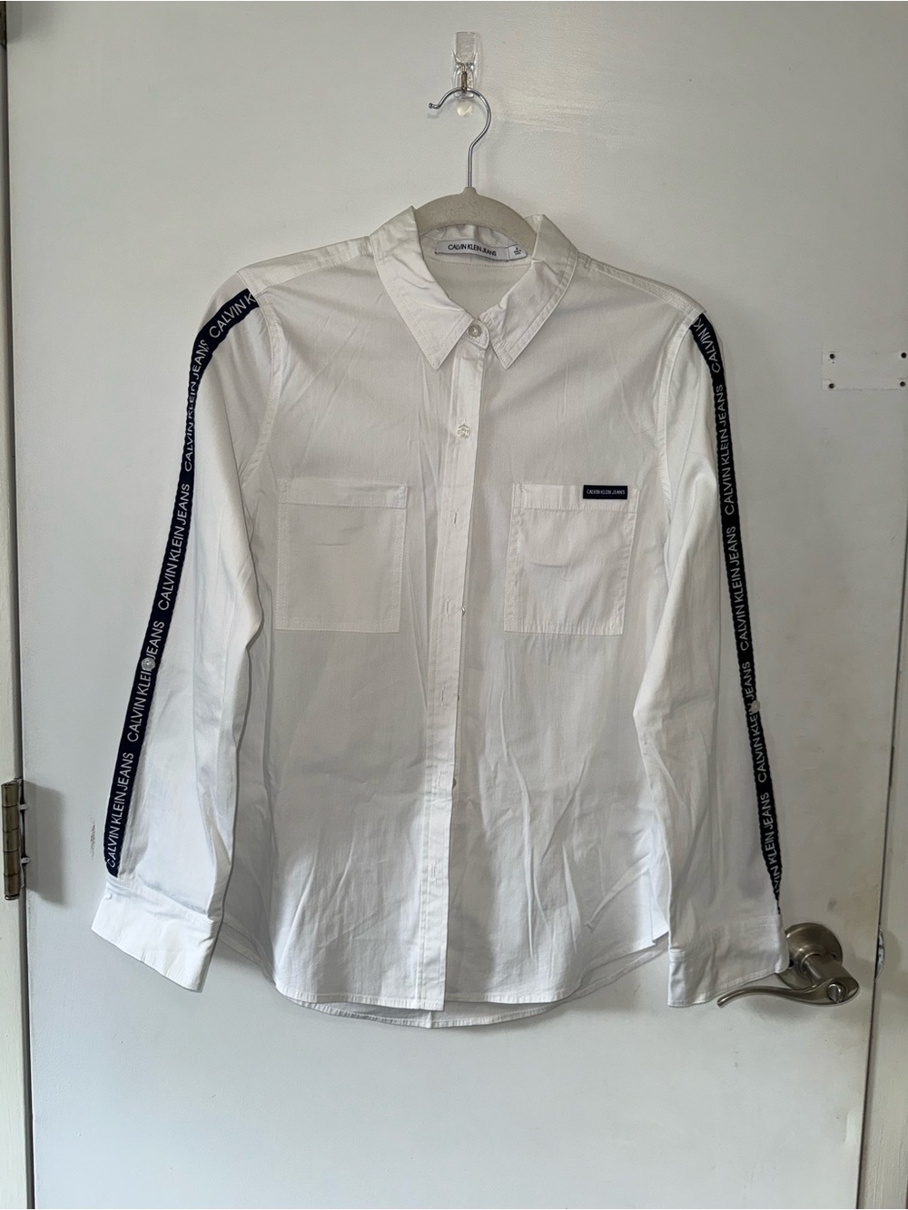 Calvin Klein White Button-Down Shirt with Navy Logo Tape Trim Size M